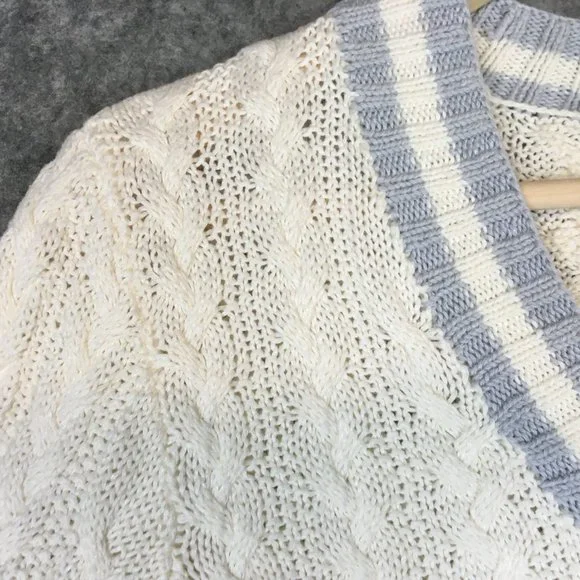Lauren Ralph Lauren Sweater S M Preppy Cable Knit Blue Ivory V Neck Cuffed Braid - Picture 4 of 11
